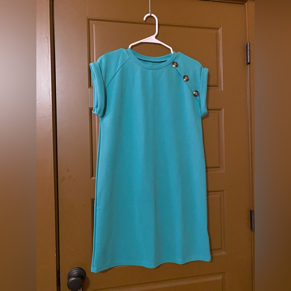Teal Button-Accent Kids Dress
